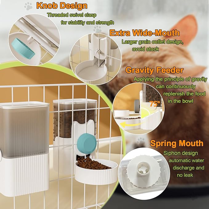 Rabbit Feeder for Cage,Hanging Automatic Cat Feeder and Water Dispenser,Ferret Cage Accessories,Food Water Bowl for Cats Rabbit Guinea Pig Cages(Cage Grid Spacing Over 1.2'')
