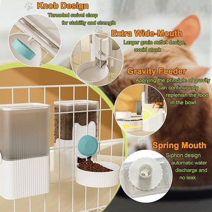 Rabbit Feeder for Cage,Hanging Automatic Cat Feeder and Water Dispenser,Ferret Cage Accessories,Food Water Bowl for Cats Rabbit Guinea Pig Cages(Cage Grid Spacing Over 1.2'')