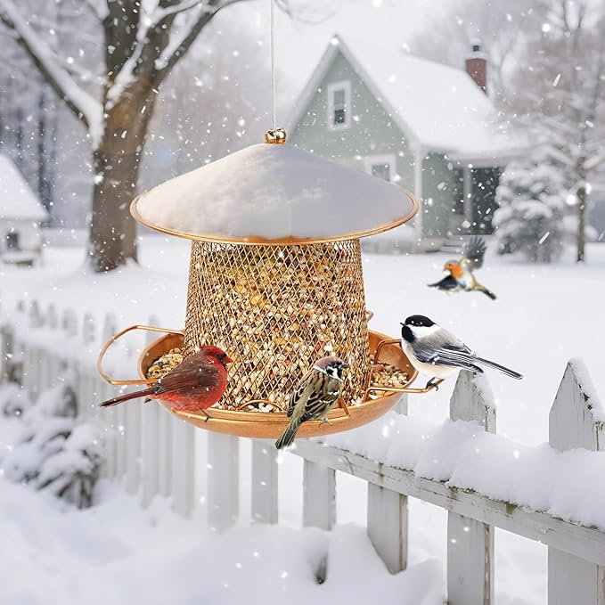 LBTING Bird Feeder for Outside, Metal Lantern-Shaped Bird Feeder, Squirrel Proof Wild Bird Feeders for Hanging Outdoor Garden Yard, Bright Gold