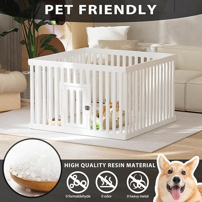 Dog Playpen with Door, 12 Panels Puppy Playpen, 25.6 H Dog Pen for Small Cats and Dogs, Pet Fence for Indoor & Outdoor, Non-Slip Pet Gate Made of Strong Plastic, White