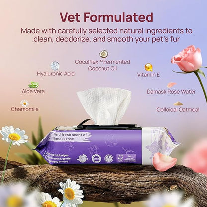 HICC PET Cleaning Deodorizing Wipes for Dogs & Cats, Vet Recommended Nourishes Smoothes Fur Pet Grooming Wipes with Fermented Coconut Oil, Hypoallergenic Dog Wipes for Paws and Butt, Face, Body