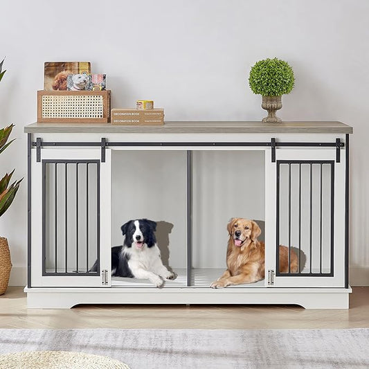 Rovibek 61 Double Dog Crate Furniture for 2 Dogs, Large Double Dog Kennel Furniture TV Stand, Furniture Style Dog Crates End Table, Wood Crates for Dogs Kennel Indoor White