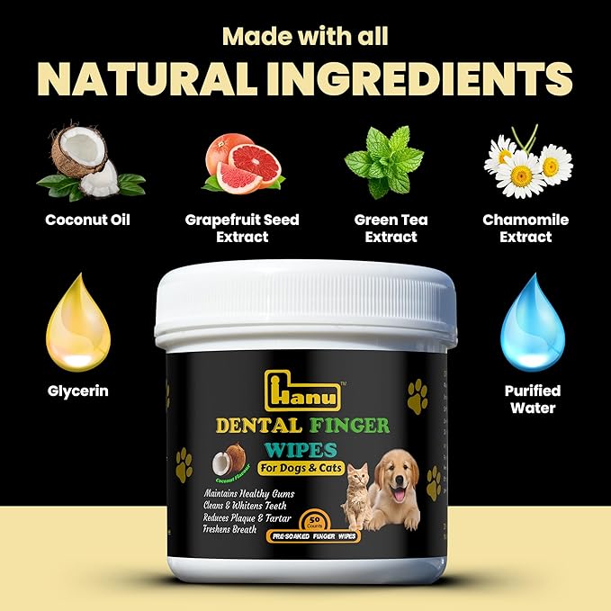 Hanu Dental Finger Wipes for Dogs & Cats - Teeth Cleaning Wipes Removes Bad Breath, Plaque & Tartar - Whitens Teeth Finger Toothbrush Gum Care Wipes - Freshens Breath - Vet-Recommended