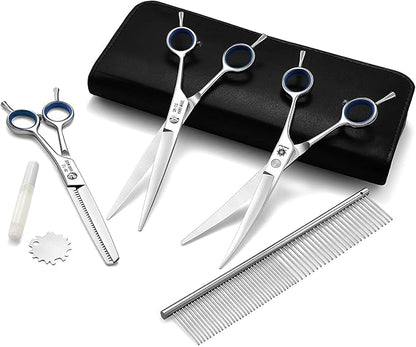 Dream Reach Dog Grooming Scissors - 7'' Professional Pet Cat Hair Scissors Set - Best Cutting & Curved & Thinning Shear Scissors & Grooming Comb Kit for Small Large Dogs Cats Pets