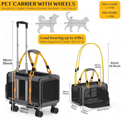 PAWZIDEA Pet Carrier with Wheels 18X11X11 TSA Airline Approved Cat Carrier for 2 Cats Rolling Dog Carrier Under Seat Rolling Cat Carrier Travel Bag with Telescopic Handle, Shoulder Strap as Dog Leash