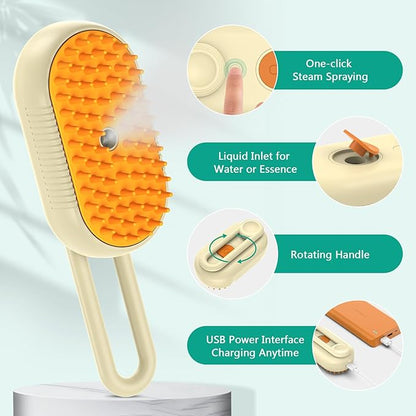 ORIA Cat Steam Brush, 3 in 1 Pet Spray Comb, Self Cleaning Steam Dog Cat Brush, Rechargeable Silicone Grooming Tool with Concealed Handle for Shedding, Hair Removal, Pet Massage