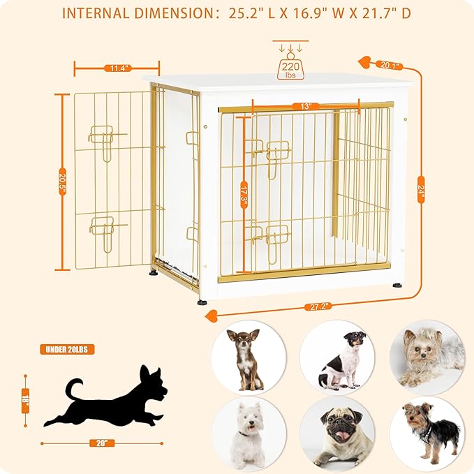 DWANTON Dog Crate Furniture with Cushion, Wooden Dog Crate with Double Doors, Dog Furniture, Dog Kennel Indoor for Small/Medium/Large Dogï¼_nd Table, Small, 27.2" L, White