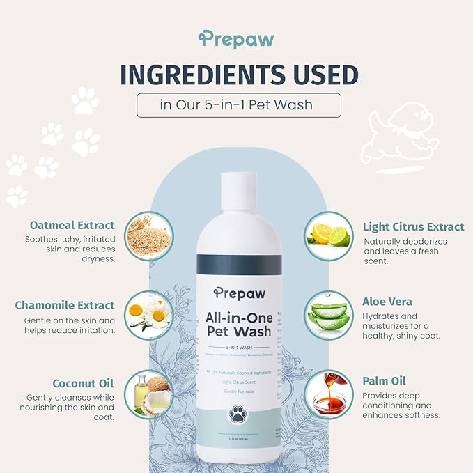 Pet Wash - 5 in 1 (Cleans, Conditions, Moisturizes, Deodorizes & Detangles) - Natural Ingredients - Gentle for Sensitive Skin - Softens Coat & Quick Rinse | Light Citrus Scent, 16 fl oz
