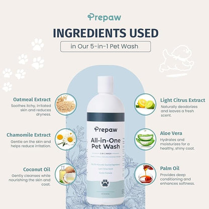 Pet Wash - 5 in 1 (Cleans, Conditions, Moisturizes, Deodorizes & Detangles) - Natural Ingredients - Gentle for Sensitive Skin - Softens Coat & Quick Rinse | Light Citrus Scent, 16 fl oz