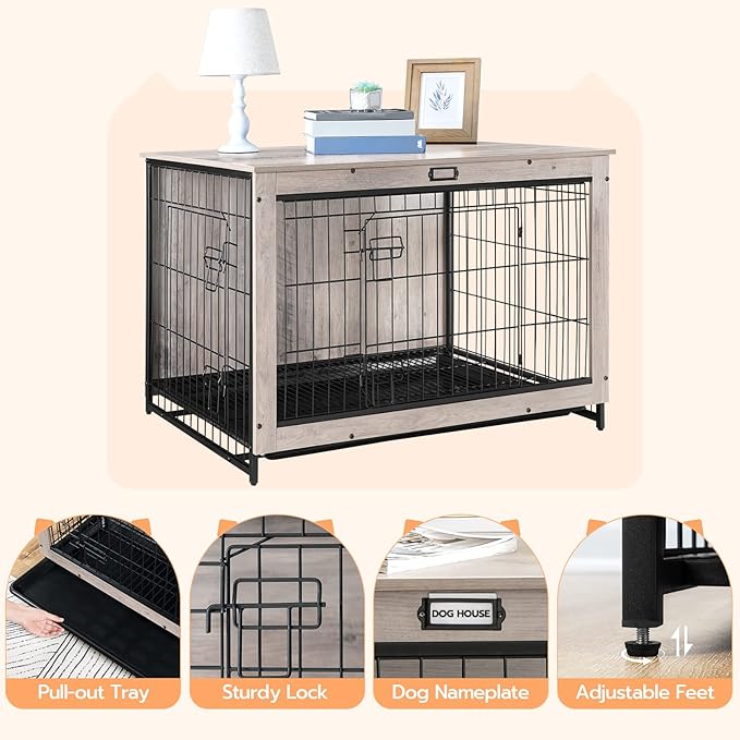 HOOBRO Dog Crate Furniture, 38.6" Large Dog Kennel Indoor, Wooden Dog Crate with Pull-Out Tray, Double Doors Dog House, Modern Side End Table for Small/Medium/Large Dog, Greige BG982GW03