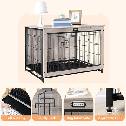 HOOBRO Dog Crate Furniture, 38.6" Large Dog Kennel Indoor, Wooden Dog Crate with Pull-Out Tray, Double Doors Dog House, Modern Side End Table for Small/Medium/Large Dog, Greige BG982GW03