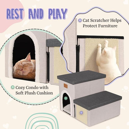 downluxe Dog Stairs for Small Dogs, Foldable Dog Steps for Bed, Sofa and Chair, Non-Slip Pet Steps with Cat Scratcher and Condo (2-Step Pet Stairs, Grey-Beige)