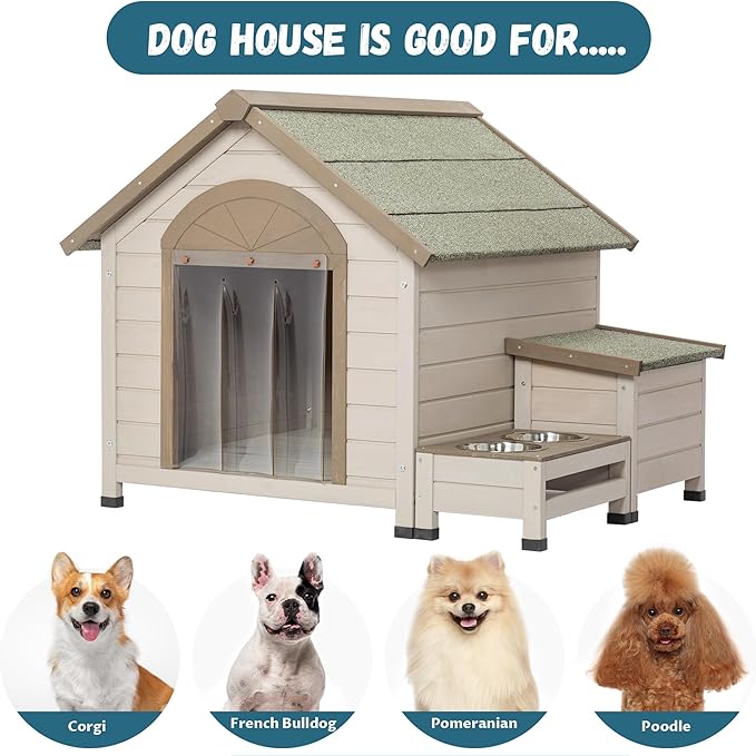 Dog House Outside, Wood Dog House Outdoor with Feeding Area and Door Curtain Open Roof Doghouse for Medium Small Dogs-Cream