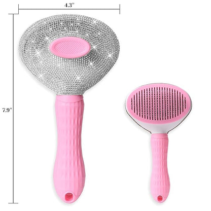 Full Diamonds Self Cleaning Slicker Brush for Dogs & Cats, Skin Friendly Grooming Cat Brush, Dog Brush for Shedding, Deshedding Brush, Rhinstone Hair Brush Puppy Brush for Haired Dogs,Pink