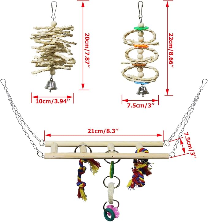 BWOGUE 7 Pack Bird Parrot Toys - Natural Wood Chewing, Climbing, Hanging & Hammock Toys for Small Parakeets, Cockatiels, Conures, Finches, Budgie, Parrots, Love Birds