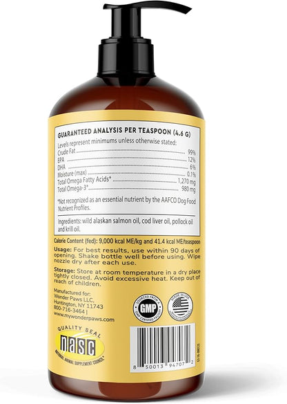 Wonder Paws Fish Oil for Dogs - Omega 3 for Dogs from Alaskan Salmon, Cod & Krill Oil - EPA DHA Fatty Acids - Less Shedding & Itching - Skin, Joint, Immune & Heart Health - Liquid Supplement (16 oz)