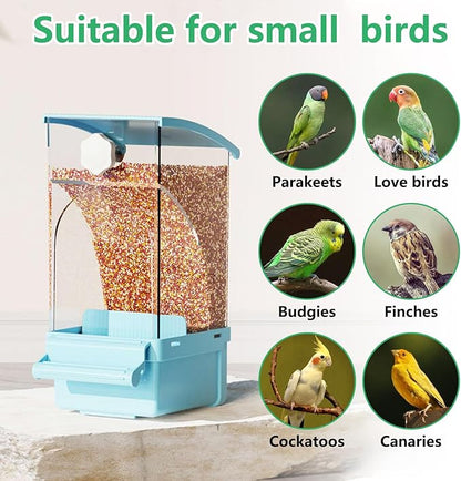 Hamiledyi Automatic Bird Feeder No Mess Bird Cage Feeder Transparent Acrylic Parrot Seed Food Container with Perch Cage Accessories for Parakeet Finch Lovebirds Budgies Canary (Blue)