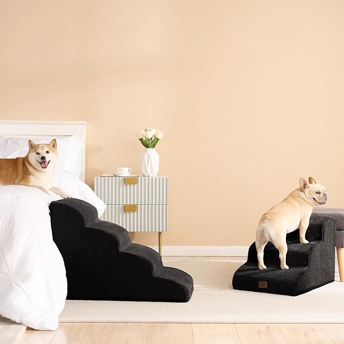 EHEYCIGA Curved Dog Stairs Ramp for High Beds 19.7" H, 4-Step Dog Steps for Small Dogs and Cats, Pet Stairs for High Bed Climbing, Non-Slip Balanced Pet Step Indoor, Black
