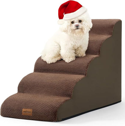 Dog Stairs for High Bed 22.6" H, Small Pet Steps with Leakproof Cover, High Density Foam Cat Ramp for Bed, Car or Couch, Lightweight, Durable, Comfort, 15.7x33x22.6 inch, 5 Tiers, Brown