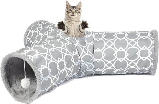 LUCKITTY Geometric 3 Way Cat Tunnel with Plush Inside,Cats Toys Collapsible Tunnel Tube with Balls, for Rabbits, Kittens, Ferrets,Puppy and Dogs