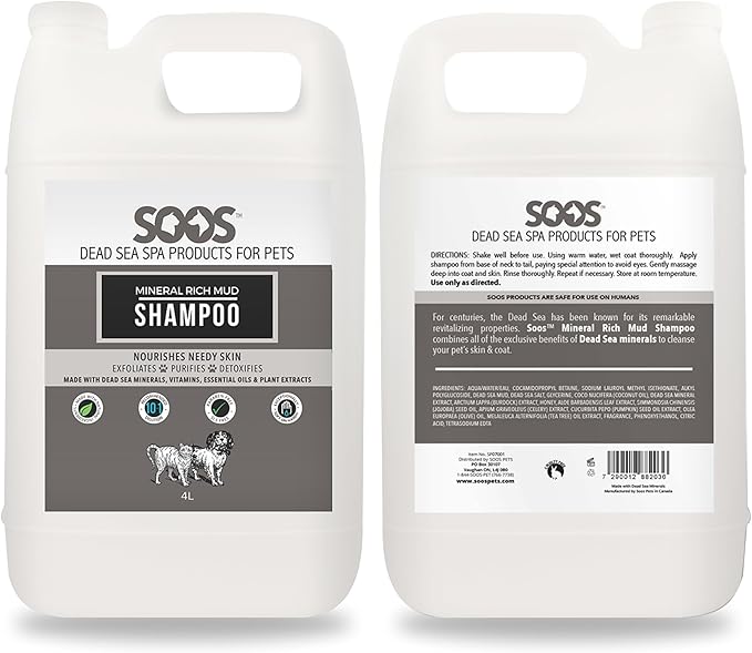 Soos Pet Mineral Rich Mud Dog and Cat Shampoo Natural Dead Sea Minerals Fast Absorbing Natural Ingredients - 1x (4L Gallon)