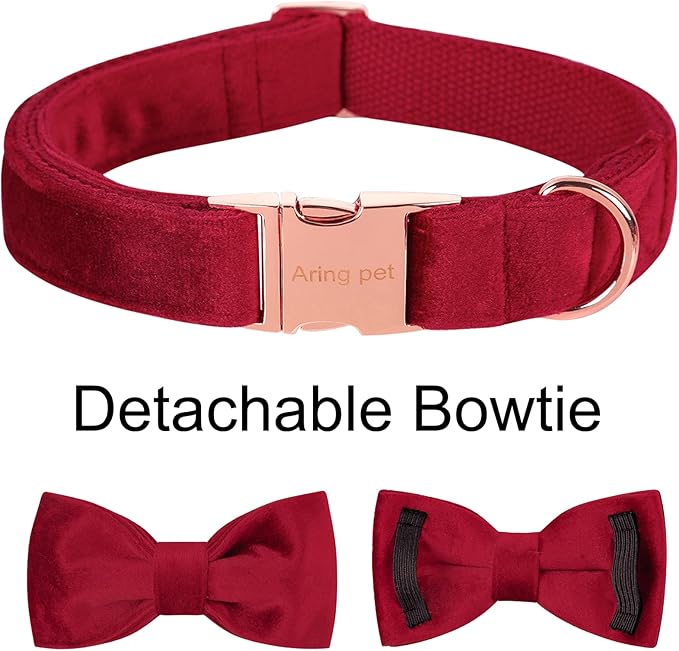 ARING PET Velvet Dog Collar-Soft Bowtie Dog Collars with Metal Buckle, Cute&Comfortable Christmas Red Dog Collar with Bow for Small Medium Large Dogs