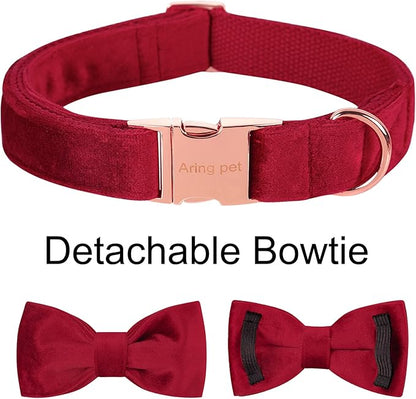 ARING PET Velvet Dog Collar-Soft Bowtie Dog Collars with Metal Buckle, Cute&Comfortable Christmas Red Dog Collar with Bow for Small Medium Large Dogs