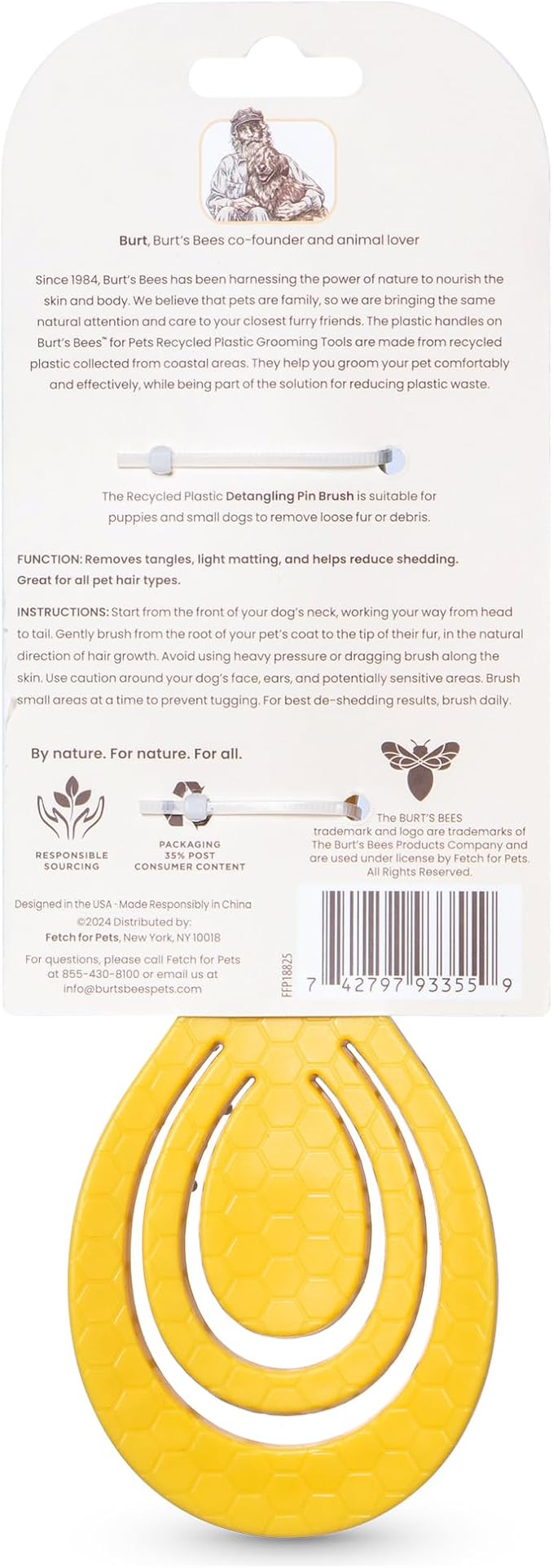 Burt's Bees for Pets Detangling Pin Brush for Puppies and Small Dogs | Handle Made from Recycled Plastics Collected from Coastal Communities | Dog Brush Removes Tangles and Loosens Light Matting