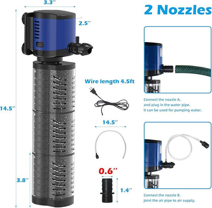 TARARIUM Fish Tank Filter Powerful 400GPH for 75-200 Gallon Large Aquarium Small Pond Fountain, Wave-Maker Submersible Water Pump Turtle Tank Filter for Saltwater & Freshwater System