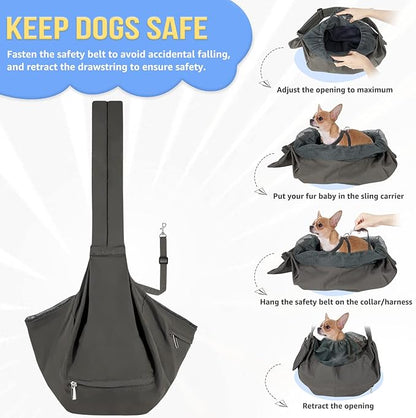 SlowTon Dog Carrier Sling - Hard Bottom Support Dog Carriers for Small Dogs with Adjustable Padded Shoudler Strap, Dog Purse for Puppy Cat Pet with Drawstring Opening Storage Zipper Pockets (Grey)