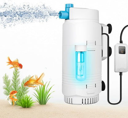 Aquarium Filter with U-V Light & Timer for 10–40 Gallon Fish Tanks, Submersible Internal Filter with Flow Control, Sponge Filtration & Aeration, Quiet Power Pump for Freshwater Saltwater Tanks