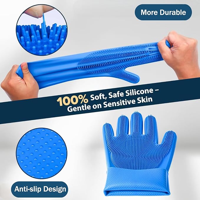 6PCS Pet Grooming Kit for Dogs & Cats - Dog Bath Gloves with Silicone Massage Brush, Gentle Washing Supplies for Shedding, Bathing, and Teeth Cleaning | Hypoallergenic & Waterproof Design