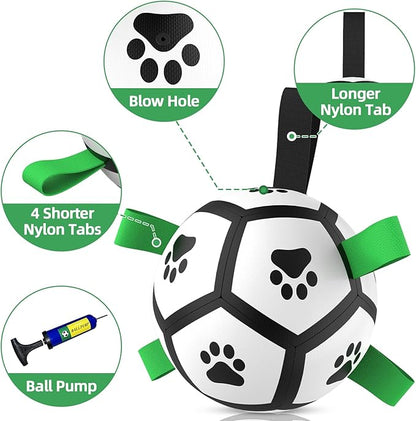 QDAN Dog Toys Soccer Ball with Straps, Interactive Dog Toys for Tug of War, Puppy Birthday Gifts, Dog Tug Toy, Dog Water Toy, Durable Dog Balls World Cup for Small Dogs（5 Inch）