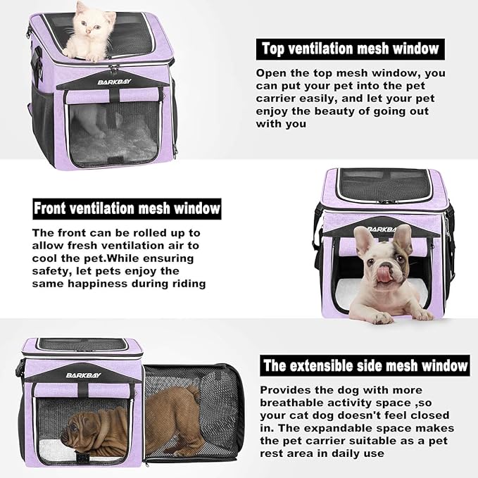 BARKBAY Dog Bike Basket Carrier, Expandable Foldable Soft-Sided Dog Carrier, 2 Open Doors, 5 Reflective Tapes, Pet Travel Bag,Dog Backpack Carrier Safe and Easy for Small Medium Cats and Dogs(Purple)
