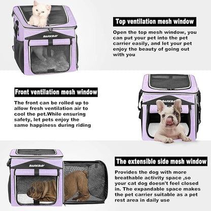 BARKBAY Dog Bike Basket Carrier, Expandable Foldable Soft-Sided Dog Carrier, 2 Open Doors, 5 Reflective Tapes, Pet Travel Bag,Dog Backpack Carrier Safe and Easy for Small Medium Cats and Dogs(Purple)