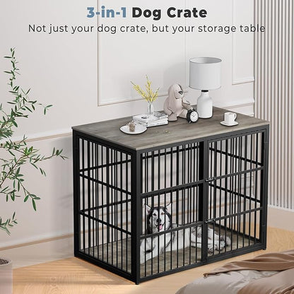 48'' XXL Dog Crate Furniture with 3 Doors, Wooden Crate End Table Heavy Duty Indoor Combination Cage for Medium to Large Dogs, Multiple Units Can be Combined, Grey