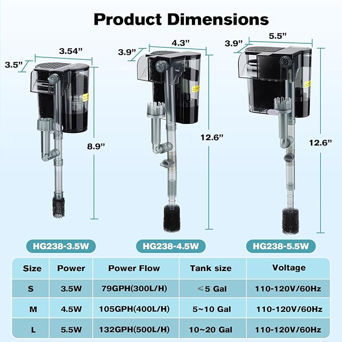 hygger Hang On Back Aquarium Filter, Small Fish Tank Filter Waterfall Filtration System, Adjustable Water Flow with Surface Skimmer, Replaceable Sponge Quiet Hanging Filter for Tank 10~20 Gal