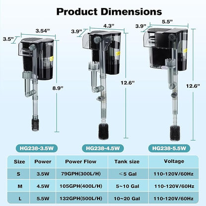 hygger Hang On Back Aquarium Filter, Small Fish Tank Filter Waterfall Filtration System, Adjustable Water Flow with Surface Skimmer, Replaceable Sponge Quiet Hanging Filter for Tank 10~20 Gal