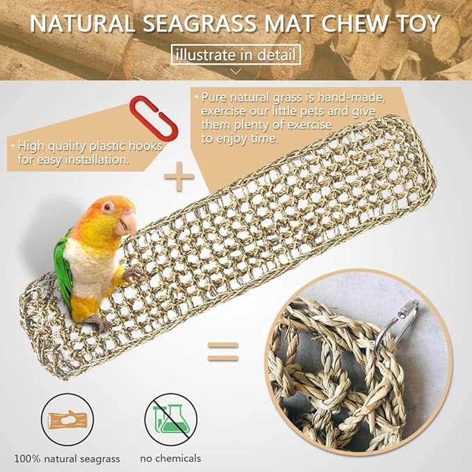 Bird Seagrass Mat 30" × 7" Parrot Natural Grass Woven Net Hammock Parakeet Climbing Rope Ladder Mat Chew Toys Cage Accessories for Pigeon Macaw Cockatiel Conure Budgie Cockatoo Rat Bearded Dragon