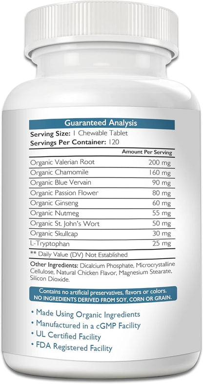 9-in-1 Valerian Root for Dogs 200mg Chamomile 160mg Blue Vervain 90mg Passion Flower 80mg Ginseng 60mg Nutmeg 55mg St John's Wort 50mg Skullcap L-Tryptophan for Dogs 120 Tablets