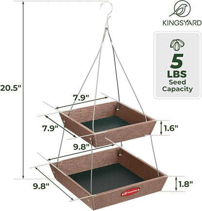 Kingsyard 2 Tier Platform Bird Feeder for Outdoors Hanging, Recycled Plastic Flat Bird Feeder Tray with Large Capacity 5 lbs, Garden Decoration Attracting Cardinal Bluebird Blue Jay, Brown