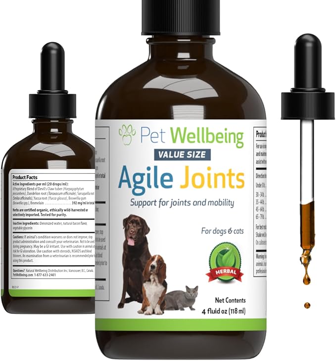 Pet Wellbeing Agile Joints for Dogs - Hip and Joint Health, Mobility, Devil_ Claw, Boswellia, Joint Ligament and Cartilage - Veterinarian-Formulated Herbal Supplement 4 oz (118 ml)