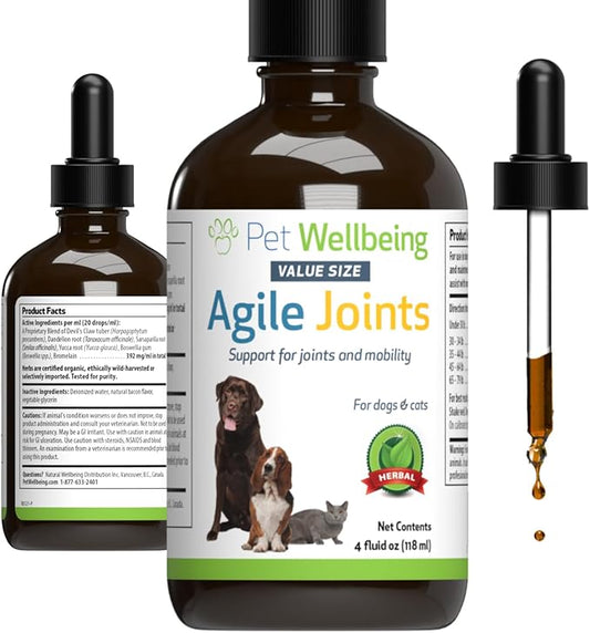 Pet Wellbeing Agile Joints for Dogs - Hip and Joint Health, Mobility, Devil_ Claw, Boswellia, Joint Ligament and Cartilage - Veterinarian-Formulated Herbal Supplement 4 oz (118 ml)