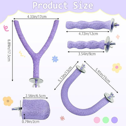 PINVNBY 5 Pack Bird Perch Resin Bird Beak Grinding Stone Parrot Cage Stand Platform Foot Claws Trimmer Chew Toy Cage Accessories for Budgie Cockatiel Conure Lovebird Finch (Purple)