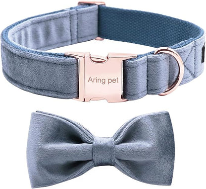 ARING PET Bowtie Dog Collar,Velvet Dog Collars with Detachable Bowtie, Cute &Comfortable Dog Collar, Blue Large.