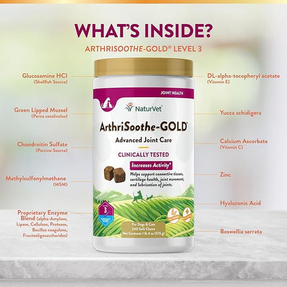 NaturVet Arthrisoothe Glucosamine for Dogs  Dog Supplement with Glucosamine, MSM, Chondroitin & Hyaluronic Acid  ArthriGold Level 3  240 Soft Chews