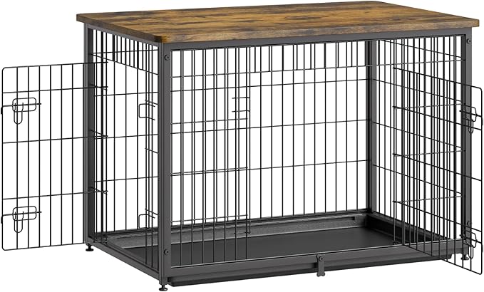 VEVOR 38" Dog Crate Furniture With Double Doors, 2-in-1 Decorative Wooden Kennel End Table, Removable Tray, Holds up to 70 lbs for Small, Medium Dogs - Brown