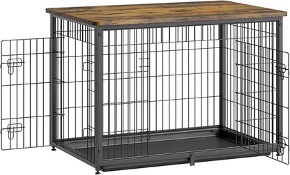 VEVOR 38" Dog Crate Furniture With Double Doors, 2-in-1 Decorative Wooden Kennel End Table, Removable Tray, Holds up to 70 lbs for Small, Medium Dogs - Brown