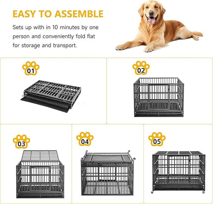 48/42/38 Inch Heavy Duty Indestructible XL Dog Crate Steel Escape Proof, Indoor Double Door High Anxiety Cage, Removable Tray, Kennel with Wheels, Extra Large XXL
