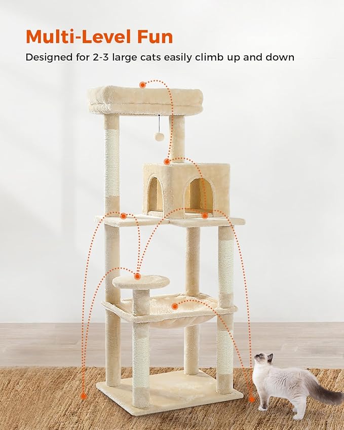 PETEPELA 56.3 Inches Multi-Level Cat Tree Cat Tower with Sisal Covered Scratching Posts, Comfort Condo, Extra Large Hammock and Plush Perches Beige